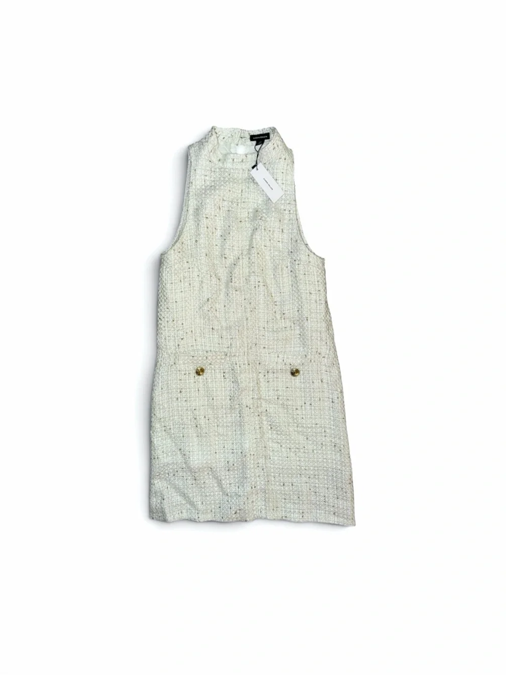 KAREN MILLEN Sleeveless Tweed Mini Dress White with Gold Buttons Size 4 UK8 NWT